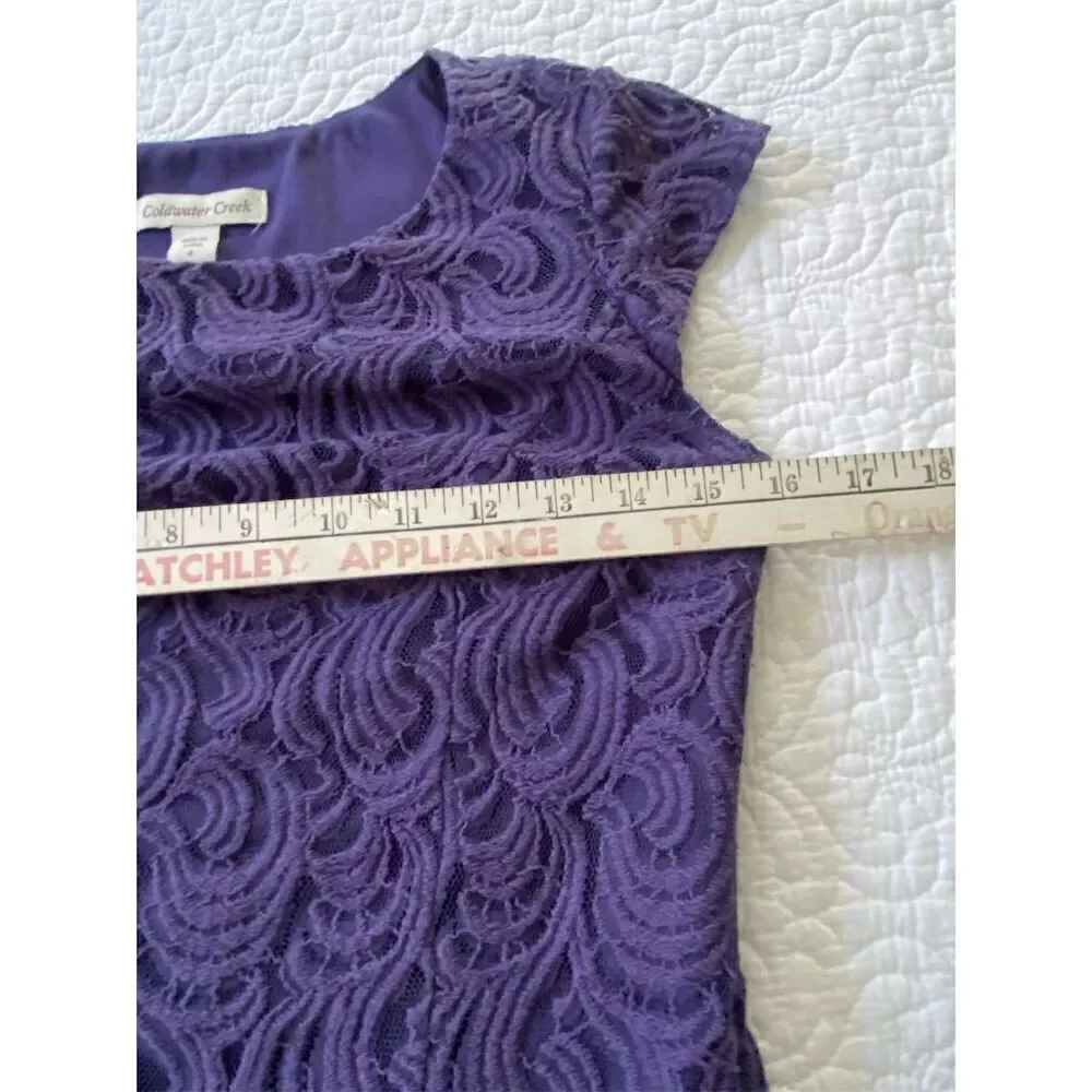 Coldwater Creek Purple Lace Knee Length Dress Size 4 Cap Sleeve​